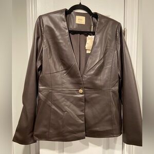 NWT Elie Tahari Size 4 Dark Brown Faux Leather Gold Button Blazer Lined Stretch